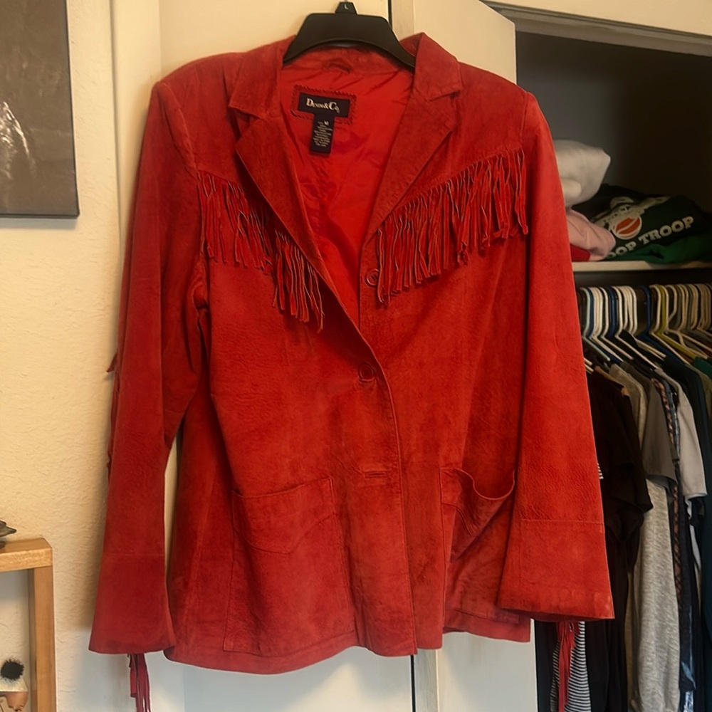 Red 100% leather fringe coat